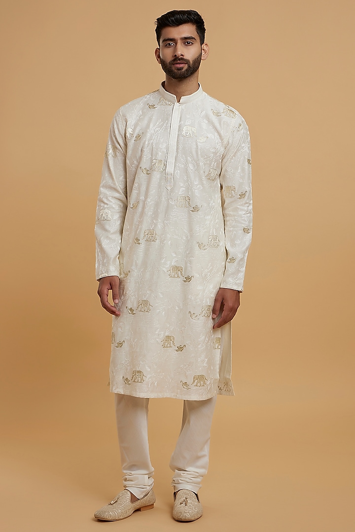 Cream Blended Viscose Embroidered Kurta Set by Twamev