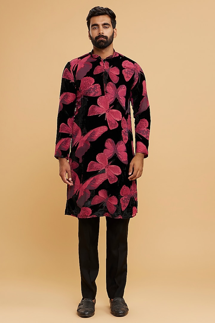Pink & Black Velvet Printed Kurta Set by Twamev