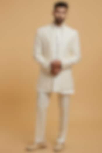 Cream Blended Rayon Embroidered Wedding Indowestern Set by Twamev at Pernia's Pop Up Shop