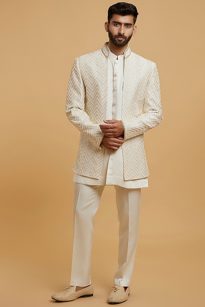 Cream Blended Rayon Embroidered Wedding Indowestern Set by Twamev at Pernia's Pop Up Shop