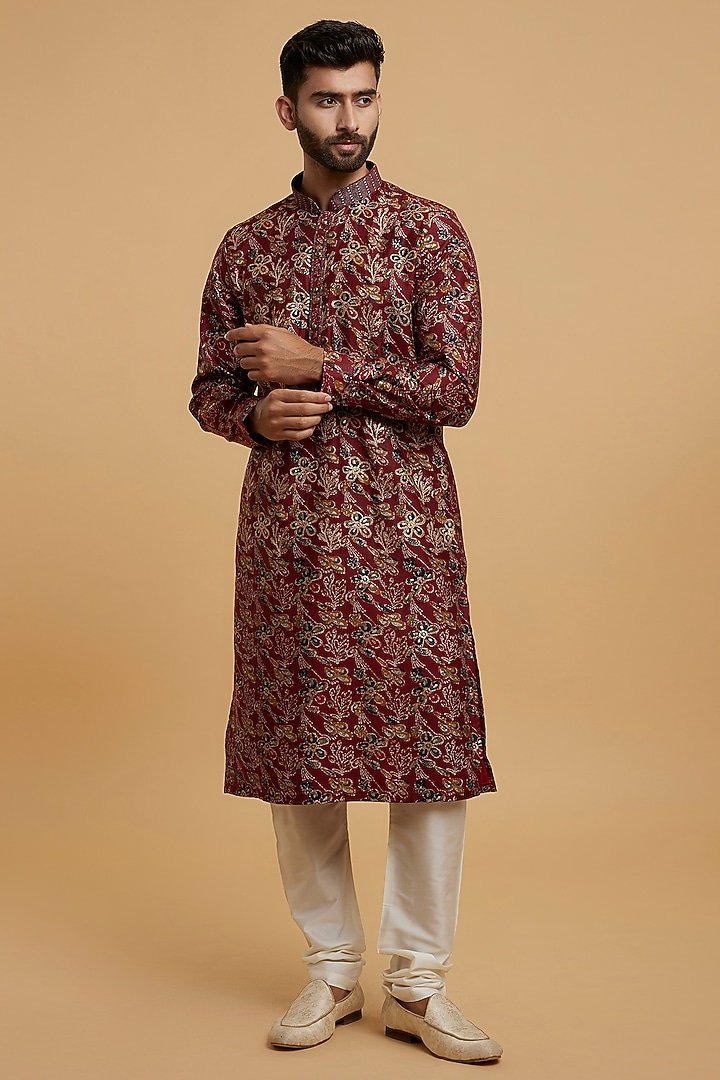 Maroon Blended Viscose Printed & Embroidered Kurta Set by Twamev at Pernia's Pop Up Shop