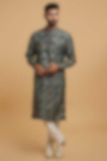 Green Blended Viscose Printed & Embroidered Kurta Set by Twamev