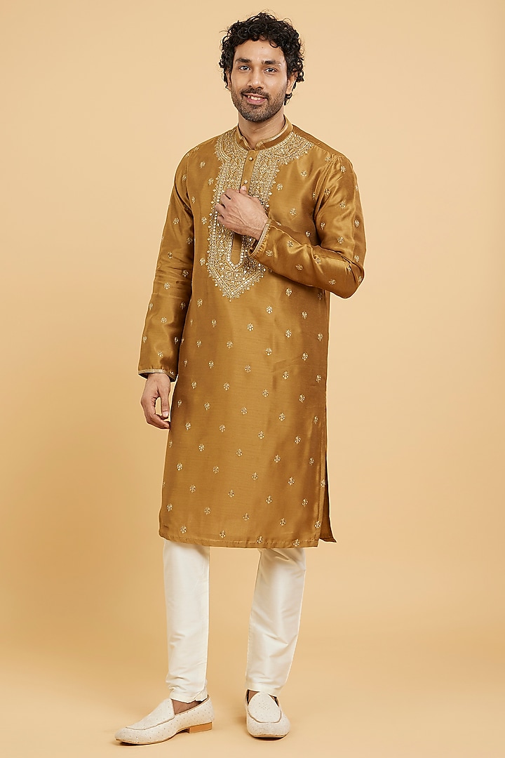 Olive Green Art Silk Chikankari Kurta Set by Twamev