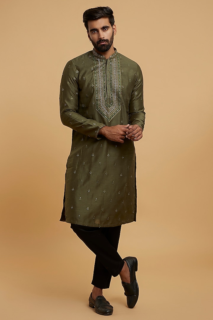 Green Art Silk Sequins Embroidered Kurta Set by Twamev
