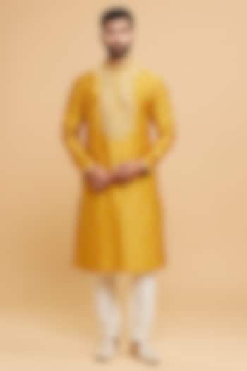 Yellow Art Silk Sequins Embroidered Kurta Set by Twamev