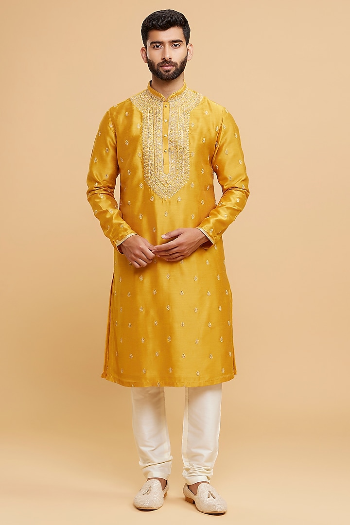 Yellow Art Silk Sequins Embroidered Kurta Set by Twamev