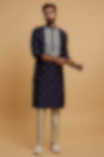 Dark Blue Blended Viscose Embroidered Kurta Set by Twamev at Pernia's Pop Up Shop