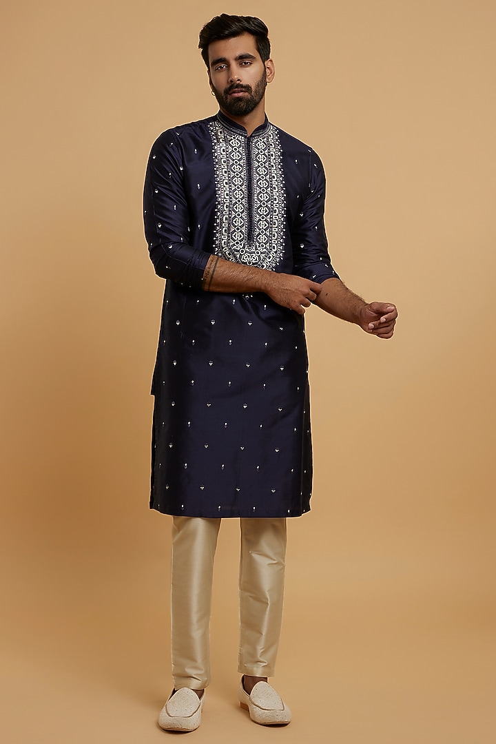 Dark Blue Blended Viscose Embroidered Kurta Set by Twamev at Pernia's Pop Up Shop