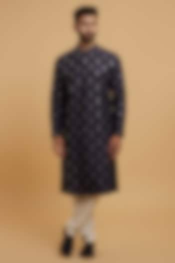 Dark Blue Blended Viscose Embroidered Kurta Set by Twamev at Pernia's Pop Up Shop