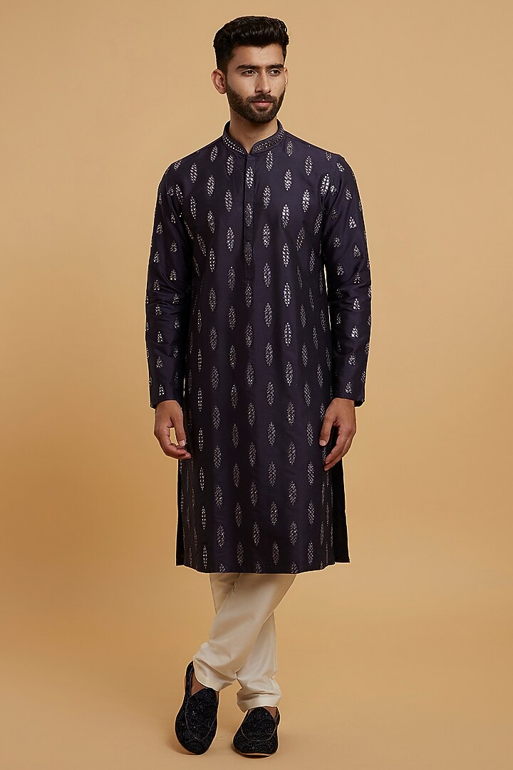 Dark Blue Blended Viscose Embroidered Kurta Set by Twamev at Pernia's Pop Up Shop