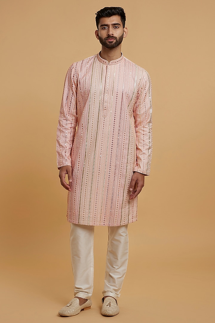 Peach Art Silk Embroidered Kurta Set by Twamev