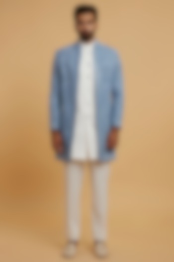 Light Blue Velvet Sequins Embroidered Wedding Indowestern Set by Twamev at Pernia's Pop Up Shop