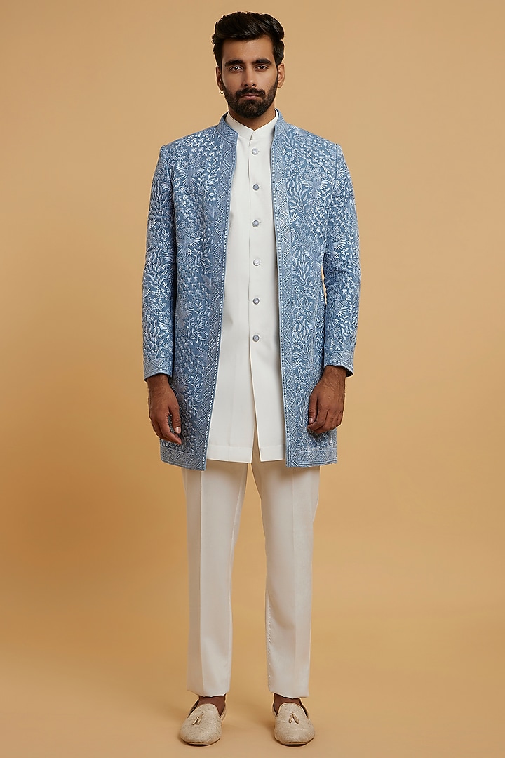 Light Blue Velvet Sequins Embroidered Wedding Indowestern Set by Twamev at Pernia's Pop Up Shop