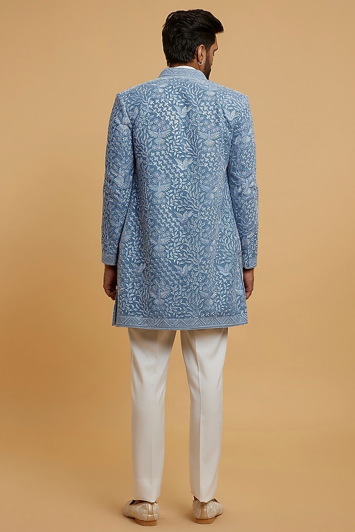 Light Blue Velvet Sequins Embroidered Wedding Indowestern Set by Twamev at Pernia's Pop Up Shop