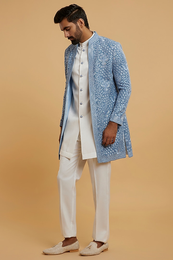 Light Blue Velvet Sequins Embroidered Wedding Indowestern Set by Twamev at Pernia's Pop Up Shop
