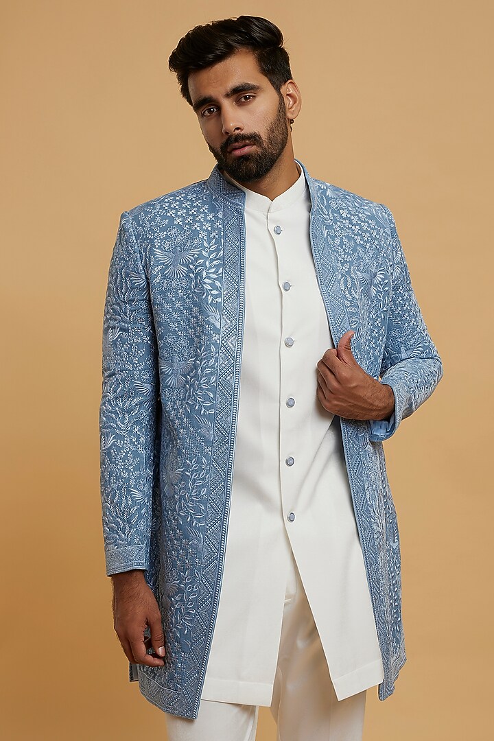 Light Blue Velvet Sequins Embroidered Wedding Indowestern Set by Twamev at Pernia's Pop Up Shop