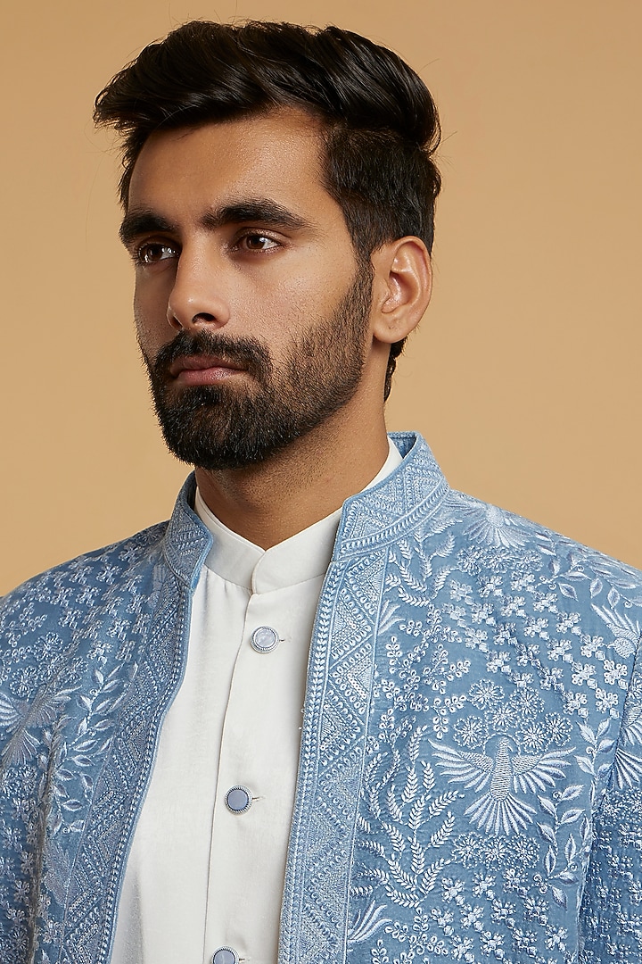 Light Blue Velvet Sequins Embroidered Wedding Indowestern Set by Twamev at Pernia's Pop Up Shop