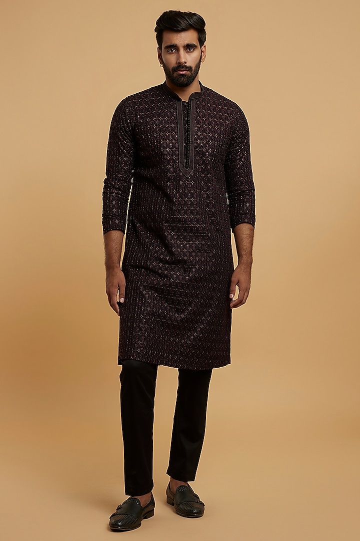 Black Georgette Sequins Embroidered Kurta Set by Twamev