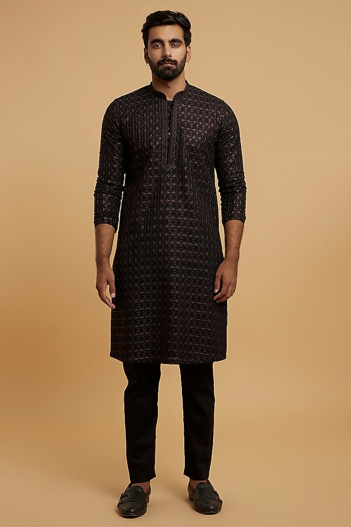 Emerald Dark Green Georgette Sequins Embroidered Kurta Set by Twamev