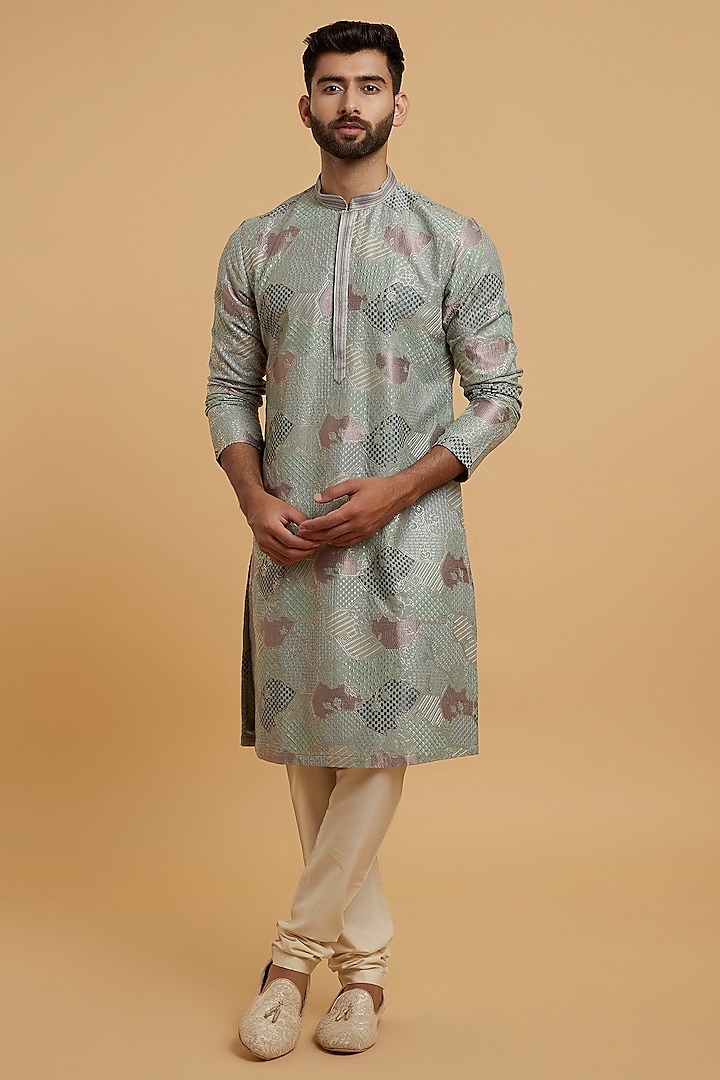 Mid-Green Art Silk Embroidered Kurta Set by Twamev