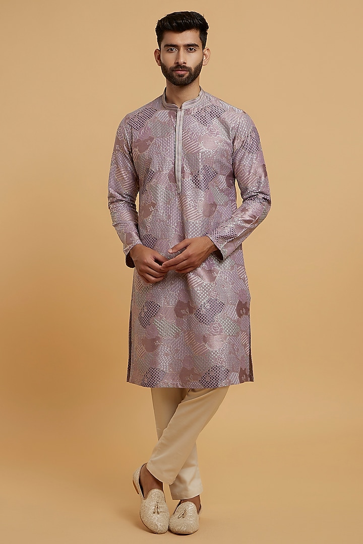 Lilac Art Silk Embroidered Kurta Set by Twamev