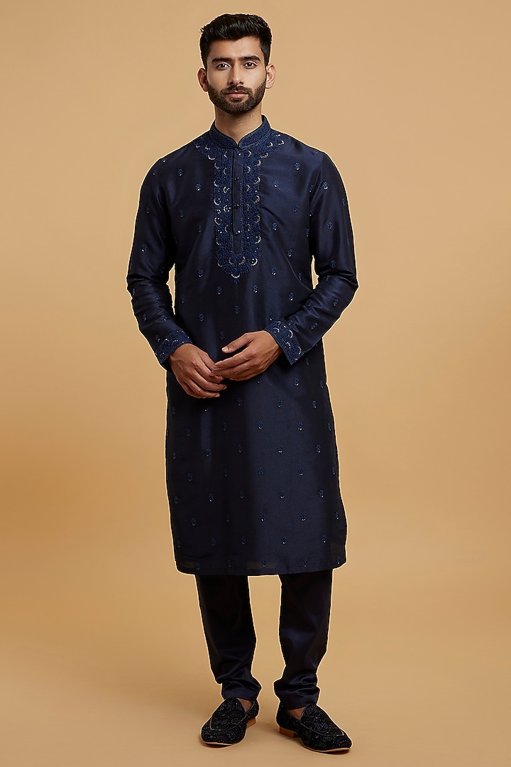 Twilight Blue Art Silk Chikankari Kurta Set by Twamev at Pernia's Pop Up Shop