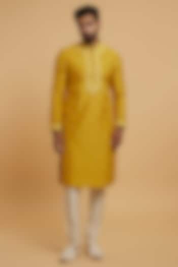 Mustard Yellow Art Silk Chikankari Kurta Set by Twamev at Pernia's Pop Up Shop