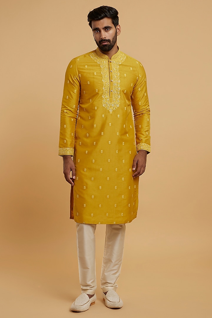 Mustard Yellow Art Silk Chikankari Kurta Set by Twamev at Pernia's Pop Up Shop