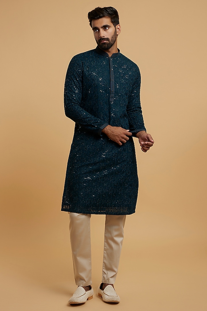 Green Georgette Sequins Embroidered Kurta Set by Twamev