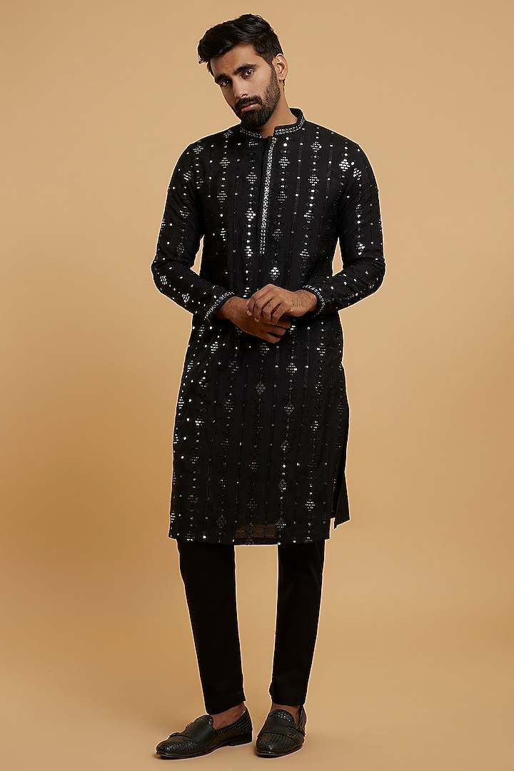 Black Art Silk Sequins Embroidered Kurta Set by Twamev
