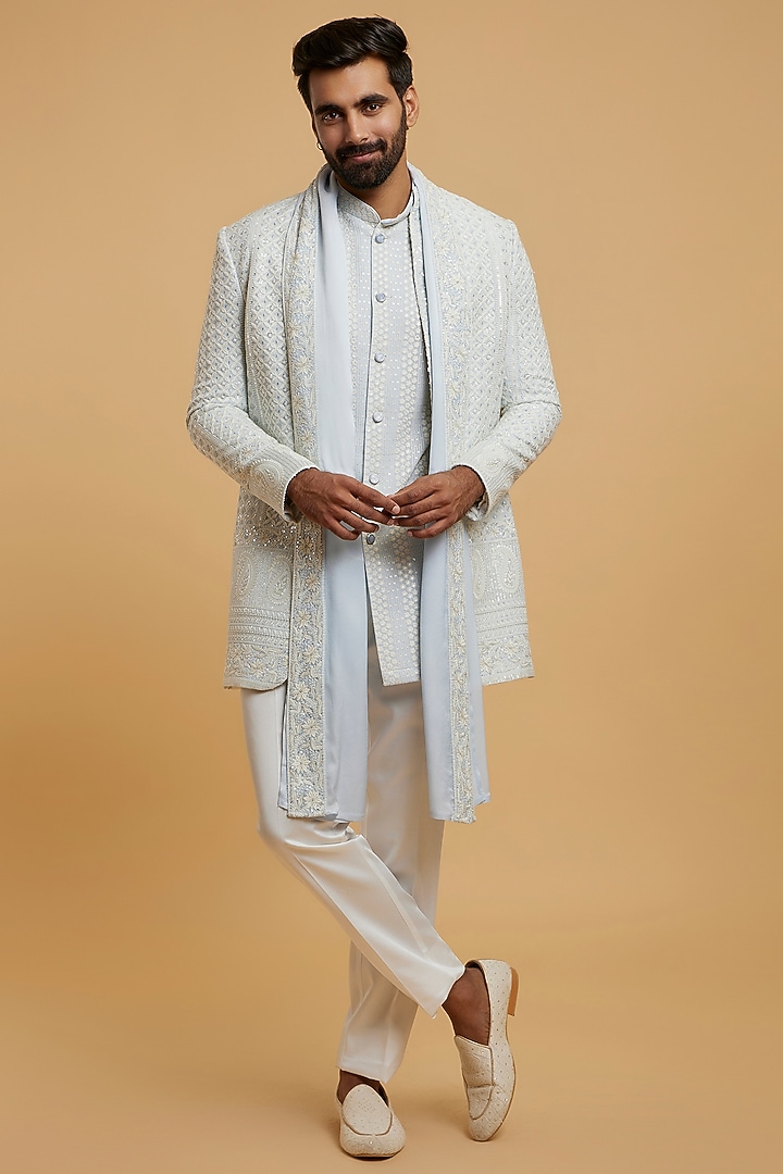 Light Blue Georgette Sequins Embroidered Wedding Indowestern Set by Twamev at Pernia's Pop Up Shop