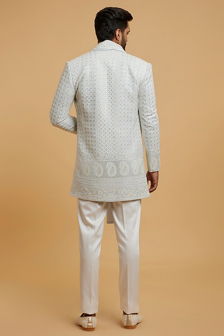 Light Blue Georgette Sequins Embroidered Wedding Indowestern Set by Twamev at Pernia's Pop Up Shop