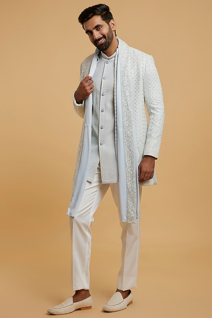 Light Blue Georgette Sequins Embroidered Wedding Indowestern Set by Twamev at Pernia's Pop Up Shop