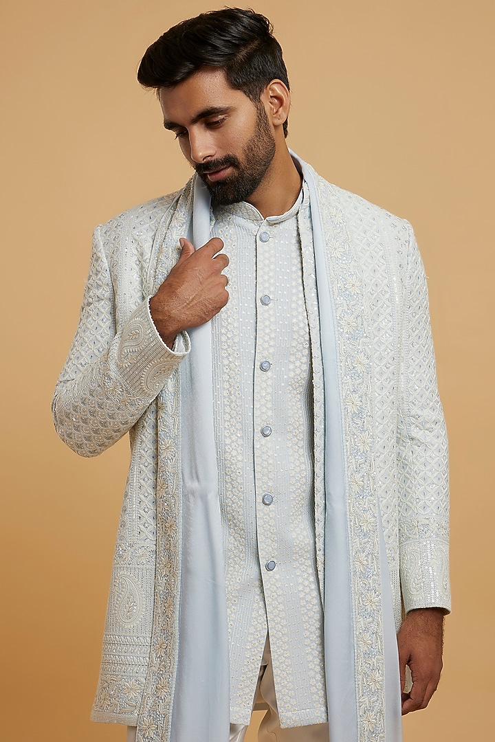 Light Blue Georgette Sequins Embroidered Wedding Indowestern Set by Twamev at Pernia's Pop Up Shop