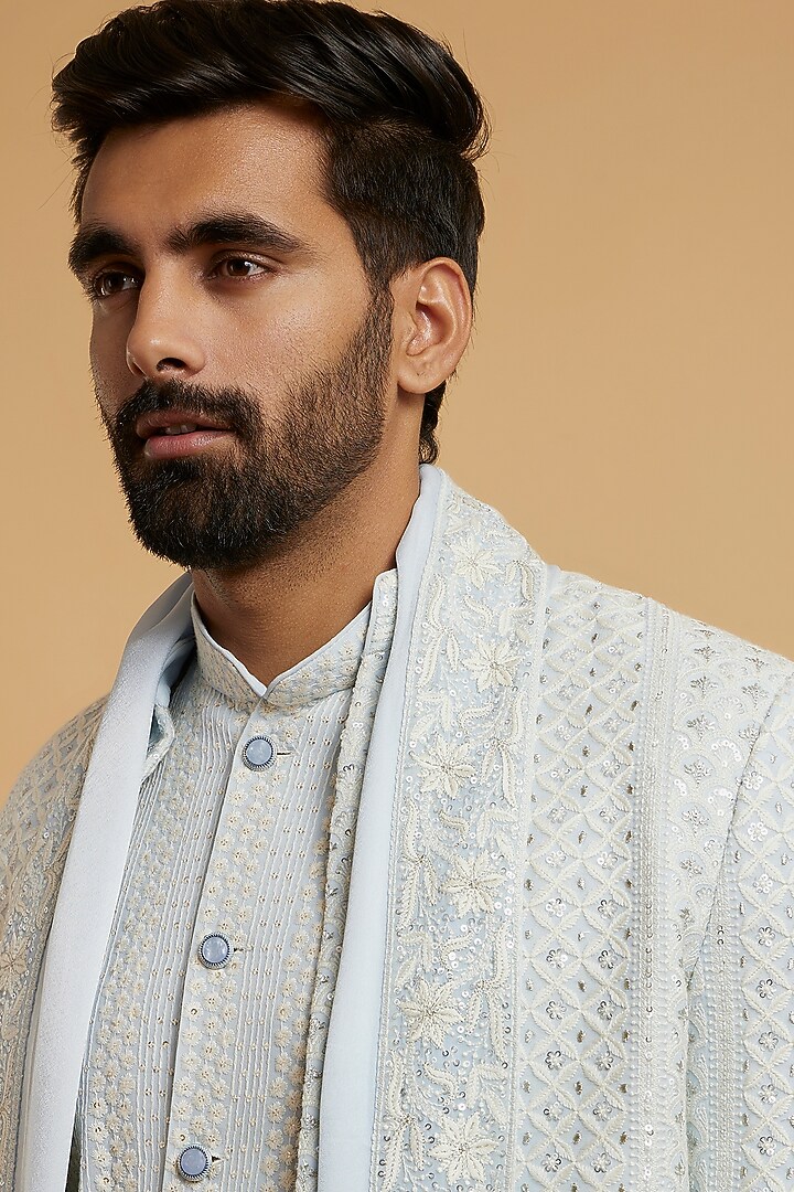 Light Blue Georgette Sequins Embroidered Wedding Indowestern Set by Twamev at Pernia's Pop Up Shop