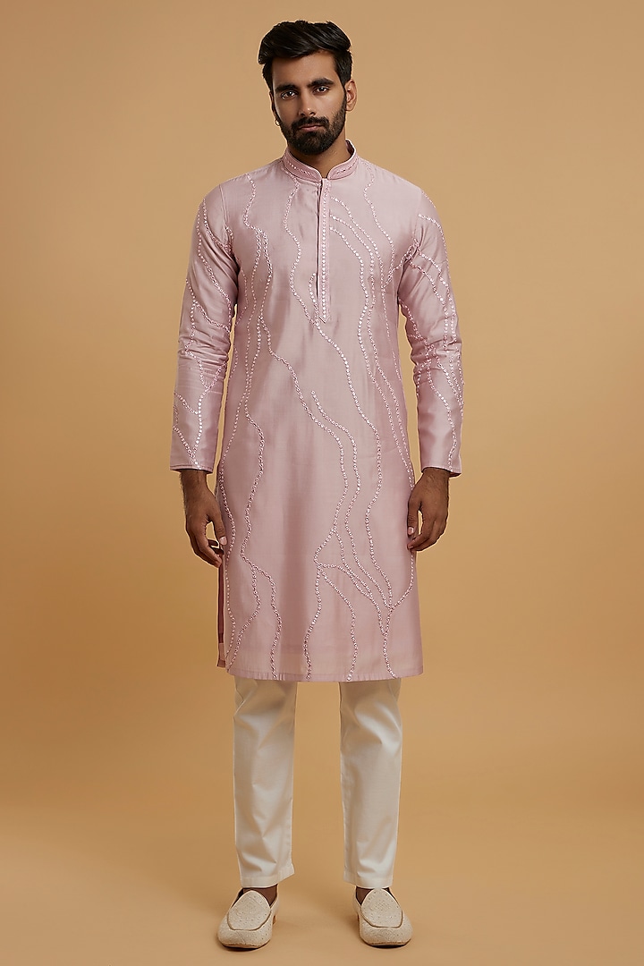 Pink Blended Viscose Sequins Embroidered Kurta Set by Twamev
