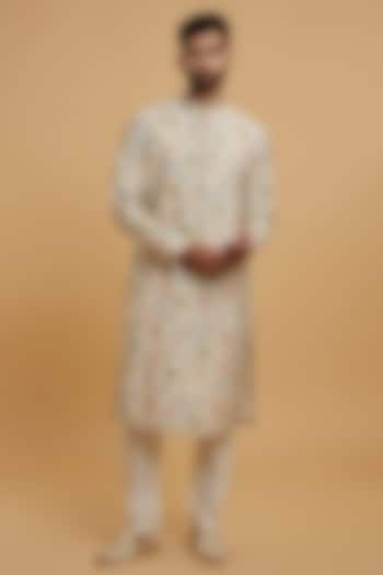 Cream Blended Viscose Printed & Embroidered Kurta Set by Twamev