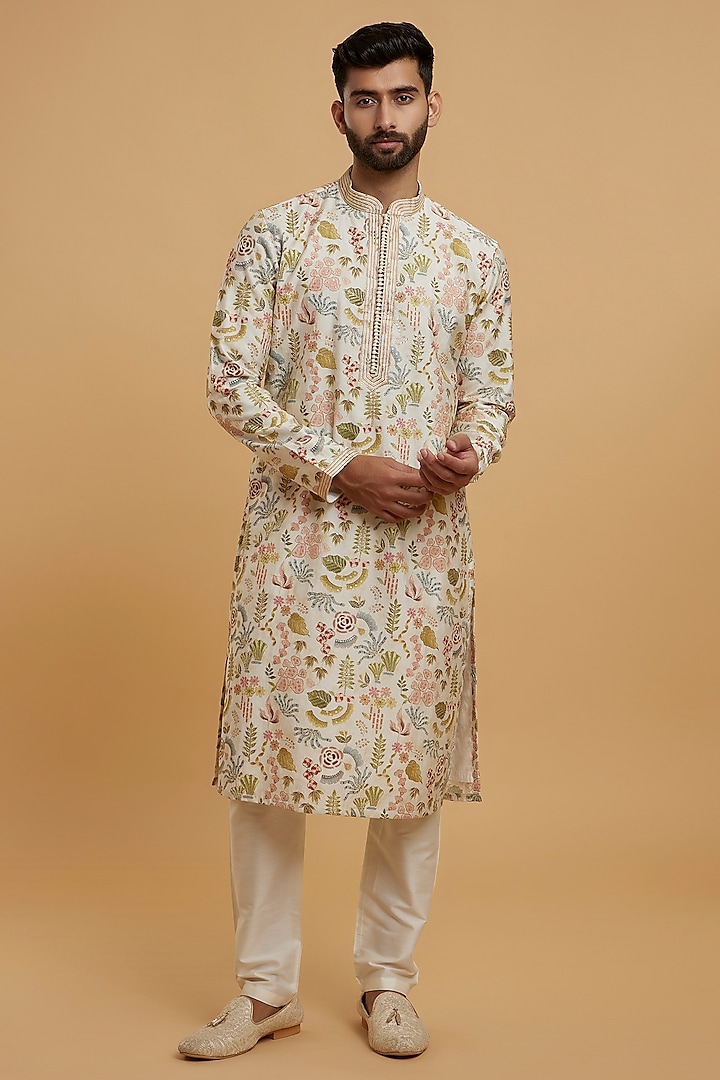 Cream Blended Viscose Printed & Embroidered Kurta Set by Twamev