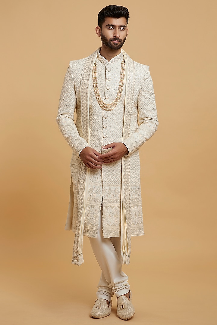 Cream Art Silk Sequins Embroidered Sherwani Set by Twamev