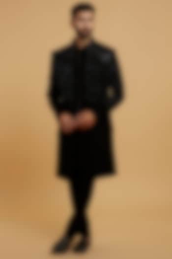 Black Blended Rayon Mirror Work Wedding Indowestern Set by Twamev at Pernia's Pop Up Shop