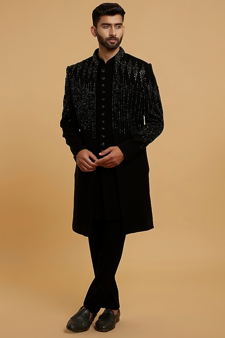 Black Blended Rayon Mirror Work Wedding Indowestern Set by Twamev at Pernia's Pop Up Shop