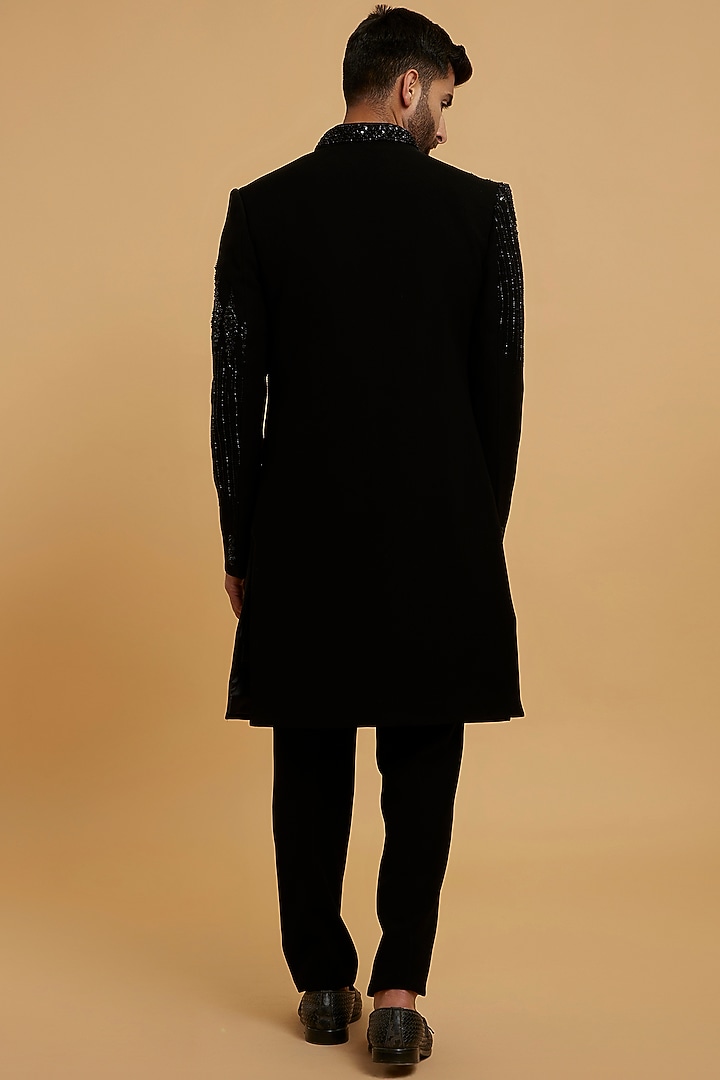 Black Blended Rayon Mirror Work Wedding Indowestern Set by Twamev at Pernia's Pop Up Shop