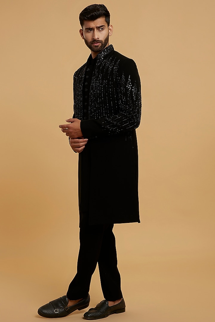 Black Blended Rayon Mirror Work Wedding Indowestern Set by Twamev at Pernia's Pop Up Shop