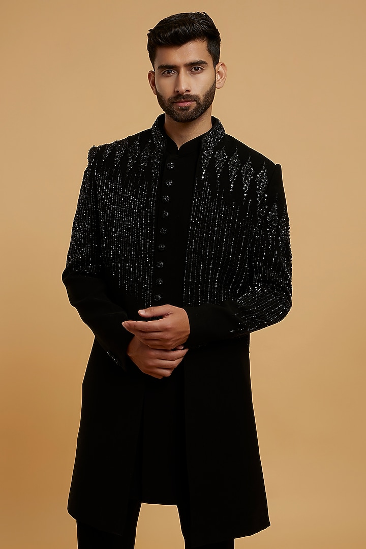 Black Blended Rayon Mirror Work Wedding Indowestern Set by Twamev at Pernia's Pop Up Shop