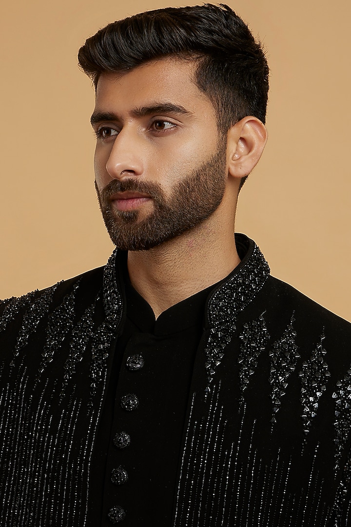 Black Blended Rayon Mirror Work Wedding Indowestern Set by Twamev at Pernia's Pop Up Shop