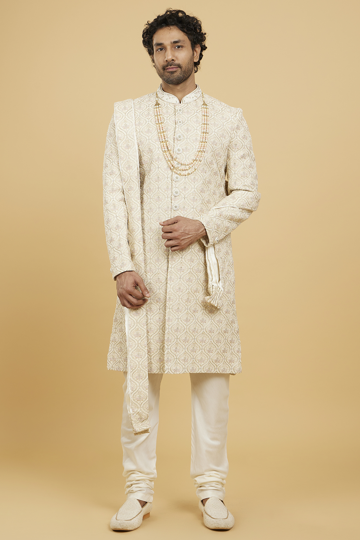 Beige Art Silk Embroidered Sherwani Set by Twamev
