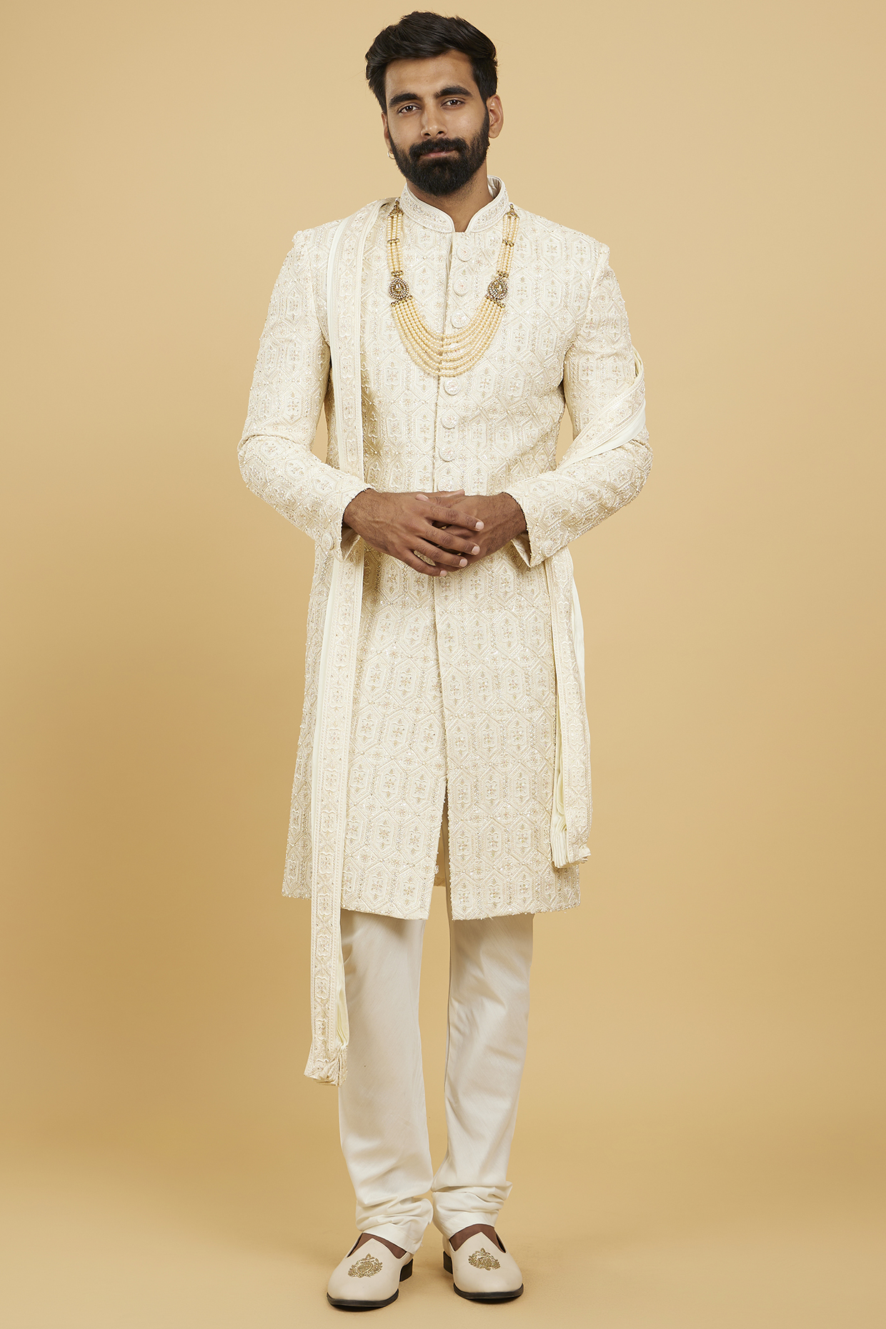 Beige Art Silk Zardosi Embroidered Sherwani Set by Twamev