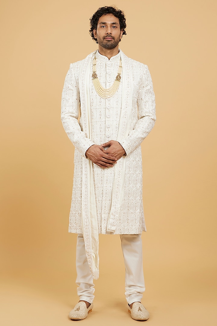 Cream Art Silk  Zardosi Embroidered Sherwani Set by Twamev