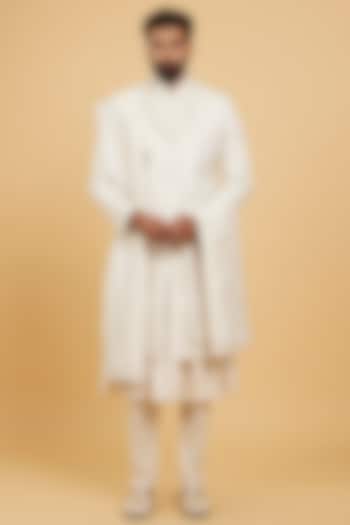 Pristine Beige Art Silk Thread Embroidered Wedding Sherwani Set by Twamev at Pernia's Pop Up Shop