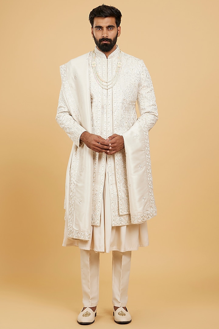 Pristine Beige Art Silk Thread Embroidered Wedding Sherwani Set by Twamev at Pernia's Pop Up Shop